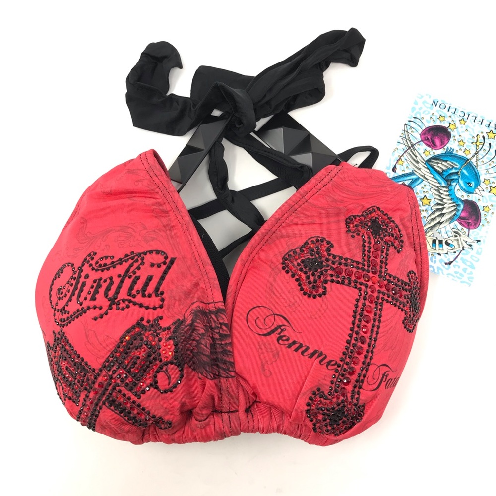 Sinful by Affliction Femme Fatale Red Black Swimsuit Bikini Top Size Large